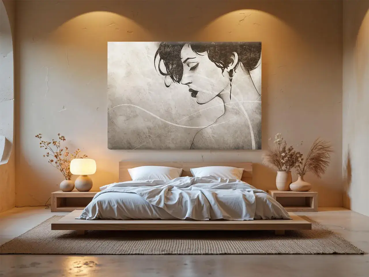 Elegancki obraz do sypialni z portretem kobiety w stylu vintage, wiszący nad łóżkiem.