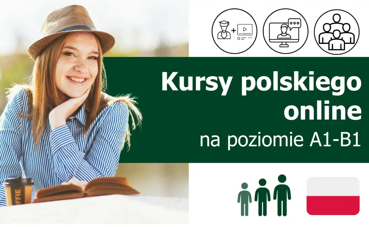 Uśmiechnięta dziewczyna w słomkowym kapeluszu i koszuli w paski, z książką i kawą. Obok napisy "Kursy polskiego online" i ikony symbolizujące naukę. Darmowy kurs języka polskiego dla obcokrajowców online.