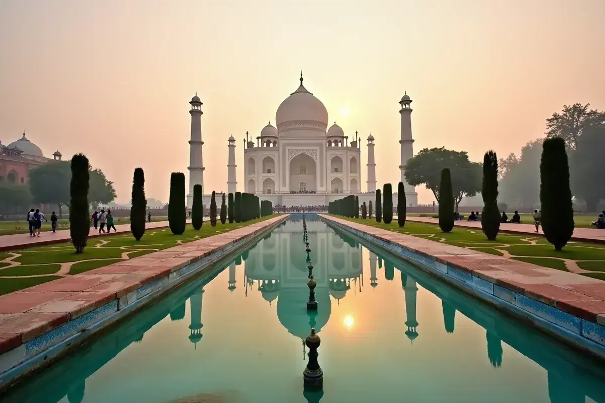 Taj Mahal, jedno z najsłynniejszych budowli świata, odbija się w spokojnej wodzie.