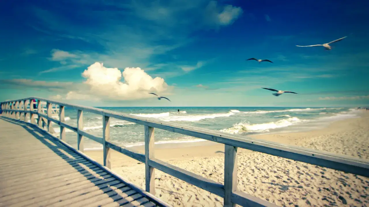 Drewniany pomost prowadzi do plaży w Sarbinowie. Ptaki szybują nad morzem, a fale rozbijają się o brzeg.