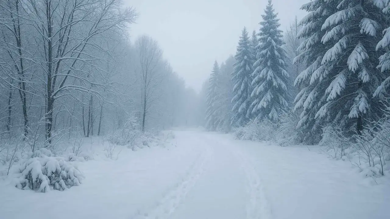 Śnieżna droga przez las, gdzie gałęzie drzew pokryte są białym puchem. W oddali mgła sugeruje, ile dni trwa zima.