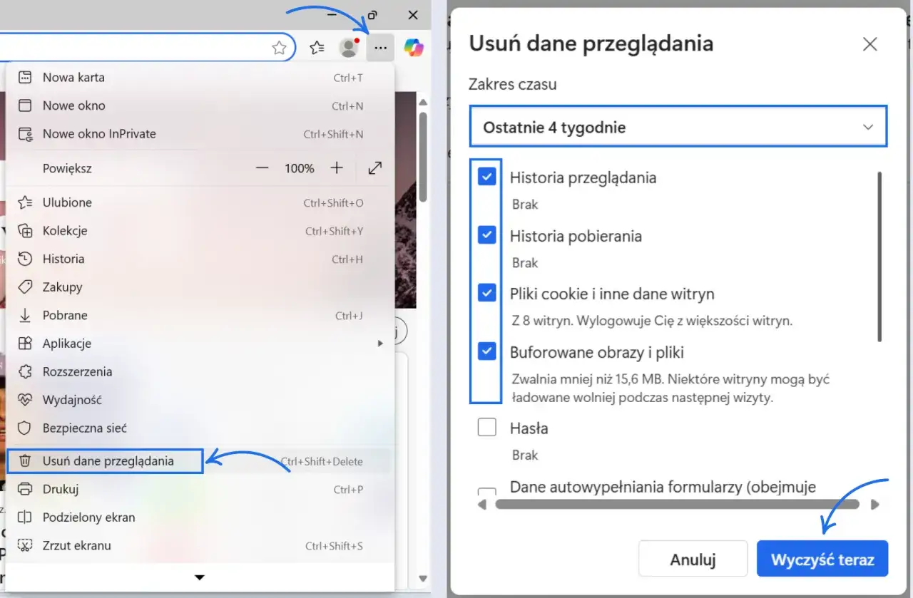 Menu przeglądarki z opcją "Usuń dane przeglądania" i okno z wyborem danych do wyczyszczenia.
