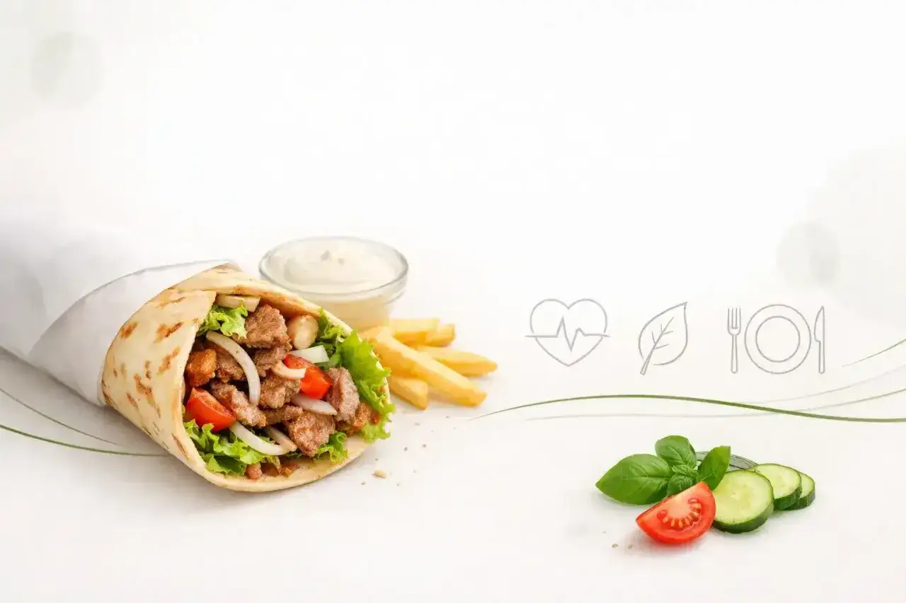 Kebab w tortilli z frytkami, sosem i warzywami, obok ikony serca i liścia.