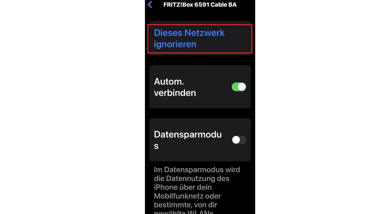 iPhone-Einstellungen: "Dieses Netzwerk ignorieren" Option hervorgehoben.
