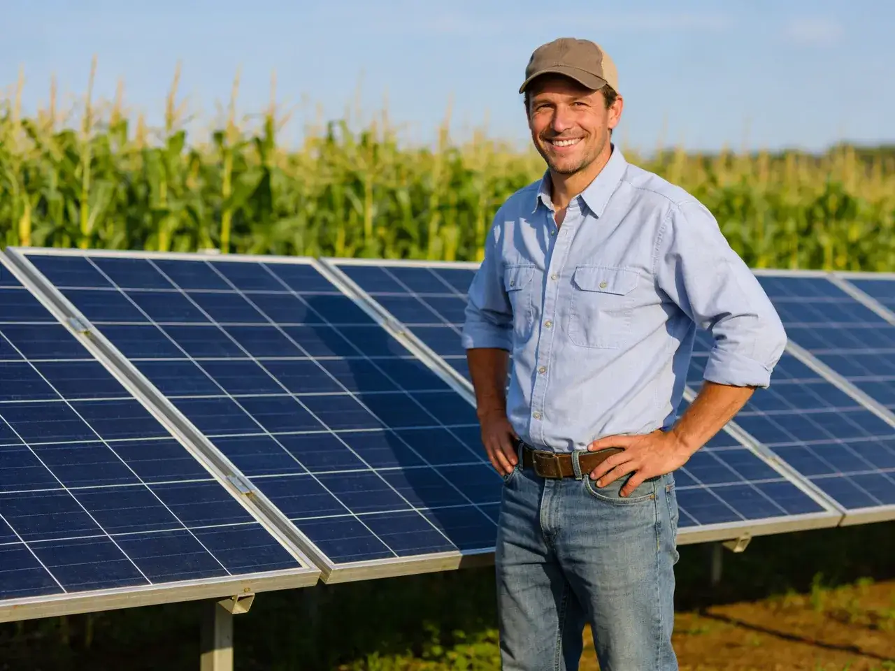 Uśmiechnięty rolnik stoi obok paneli fotowoltaicznych na polu kukurydzy. Fotowoltaika dla rolnika to przyszłość.