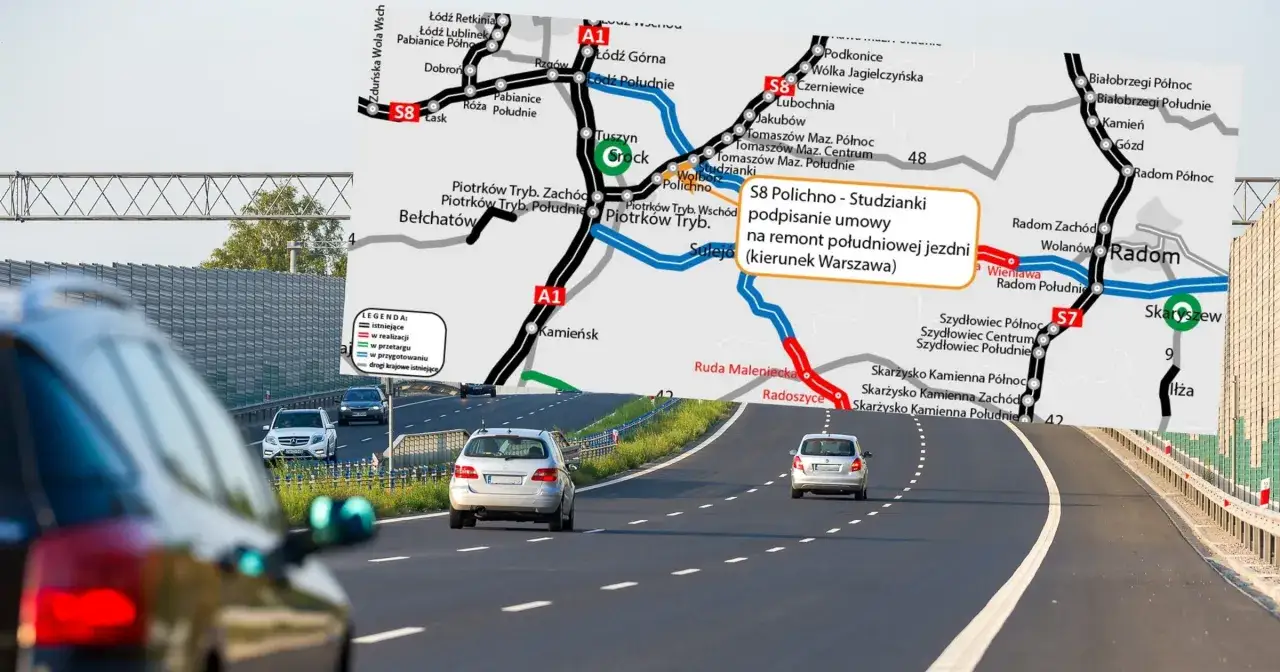 Mapa drogowa z zaznaczoną trasą S8 Polichno-Studzianki, w tle droga krajowa 88 z samochodami.