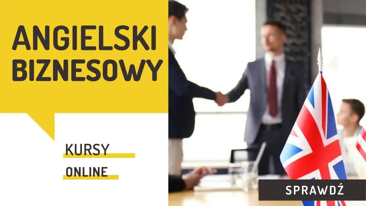 Angielski biznesowy online: kursy dla profesjonalistów. Dwóch mężczyzn w garniturach ściska sobie dłonie, obok flagi Wielkiej Brytanii.