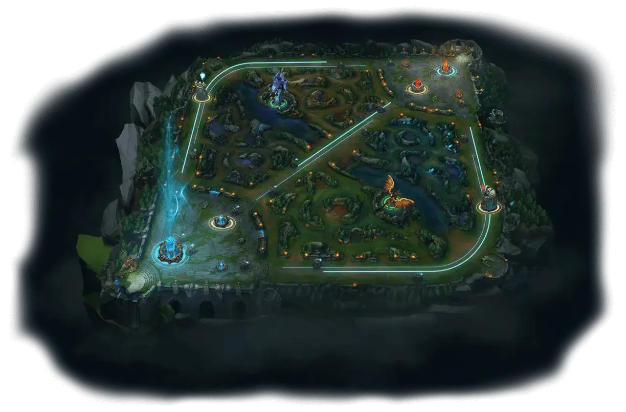 Mapa gry League of Legends z widocznymi ścieżkami, wieżami i bazami.