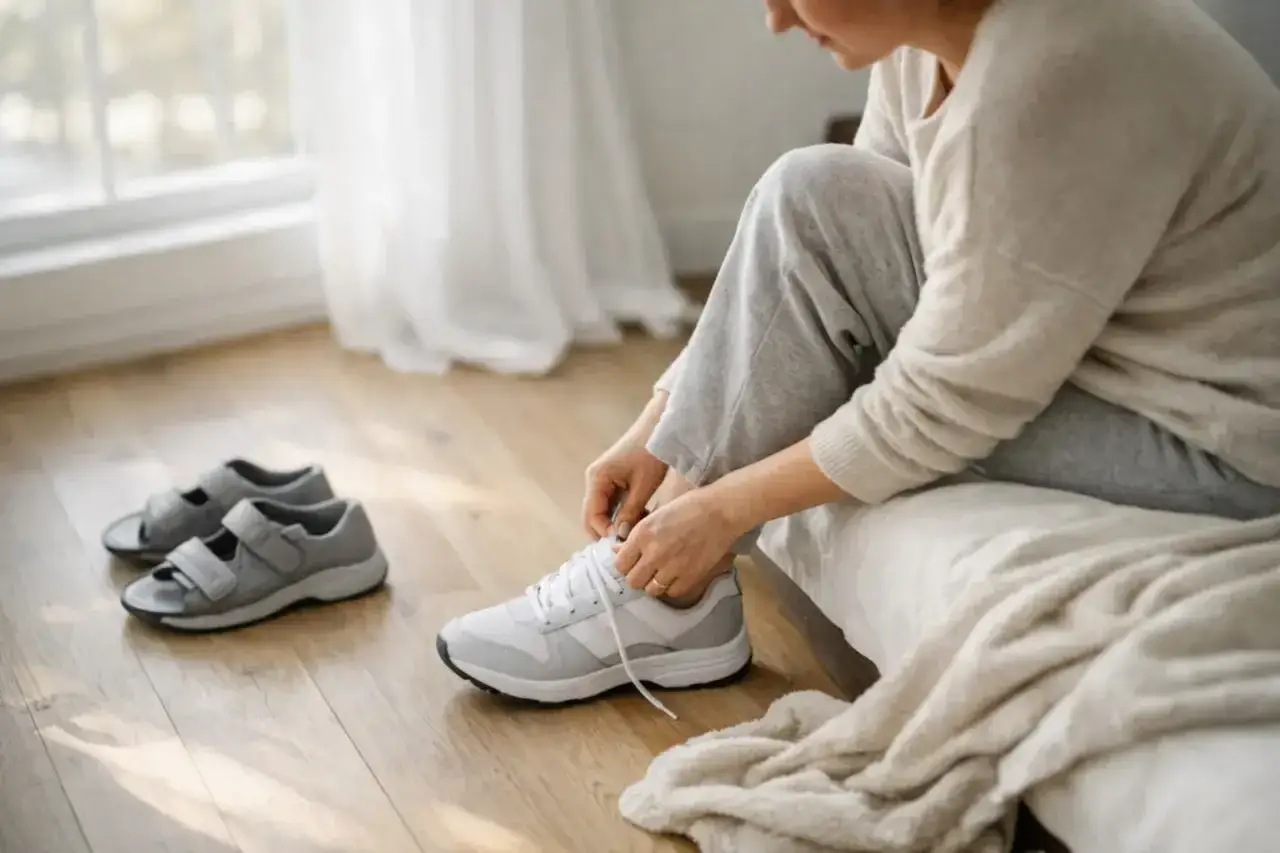 Kobieta wiąże sznurówki w wygodnych butach, obok leżą sandały. Powrót do normalnego obuwia po operacji haluksa.