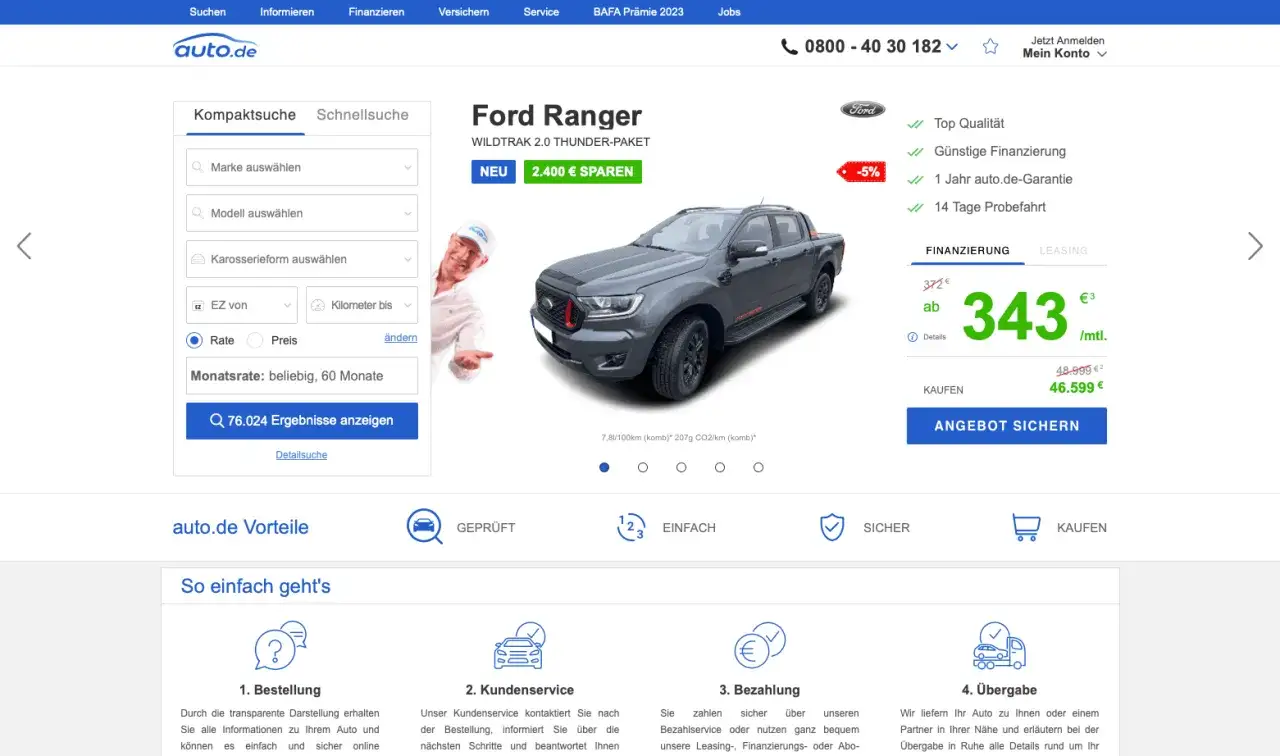 Szary Ford Ranger z napisem "NEU 2.400 € SPAREN" i ceną 343 €/miesiąc.