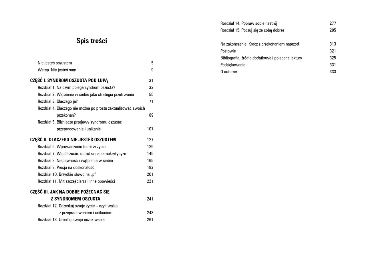 Spis treści książki z rozdziałami o syndromie oszusta i sposobach radzenia sobie z nim.