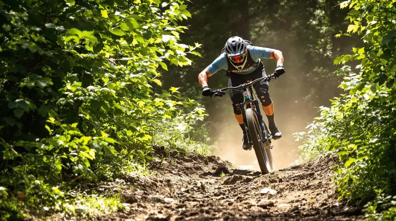 Kolarz MTB w pełnym skupieniu, z zachowaniem prawidłowej pozycji na rowerze, zjeżdża po kamienistym szlaku, wzbijając tumany kurzu.
