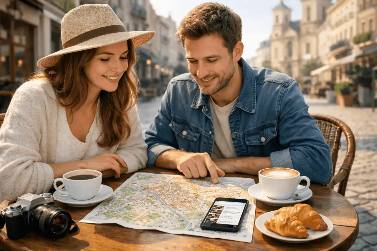 Para planuje weekendowy city break, studiując mapę i telefon przy kawie i croissantach.