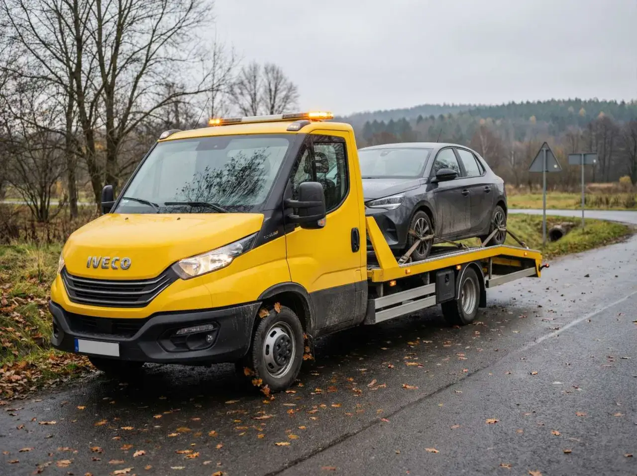 Żółta laweta Iveco z ciemnym samochodem na platformie. Zastanawiasz się, ile kosztuje laweta?