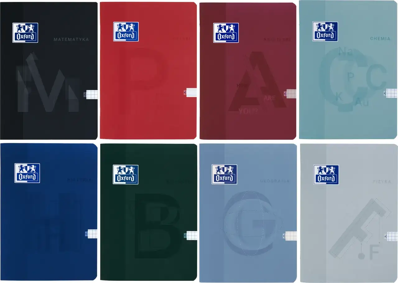 Osiem zeszytów Oxford z nazwami przedmiotów: matematyka, polski, angielski, chemia, historia, biologia, geografia, fizyka.