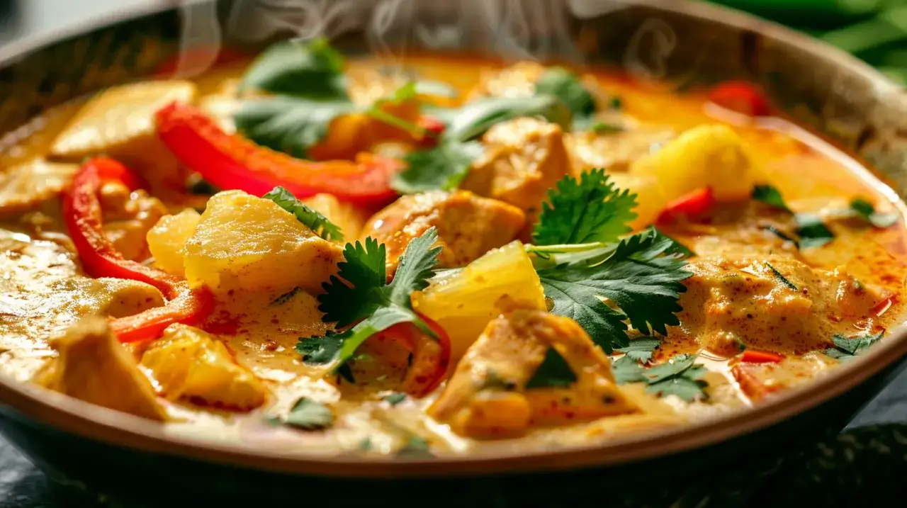 Kurczak w curry z ananasem, papryką, mlekiem kokosowym i kolendrą