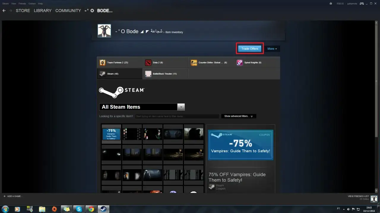 Ekran Steam z widocznym przyciskiem "Trade Offers" i listą przedmiotów.