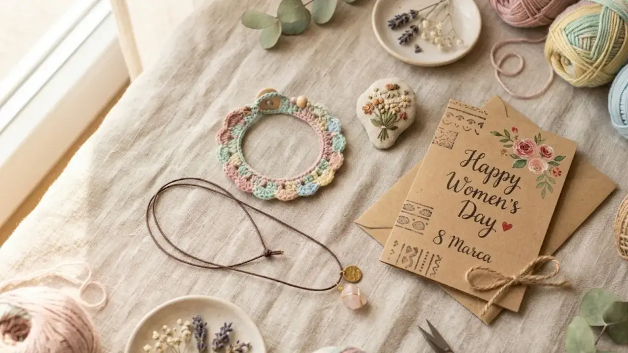 Kolorowa, szydełkowa aplikacja na bluzkę, naszyjnik z różowym kamieniem i kartka "Happy Women's Day" na lnianym tle.