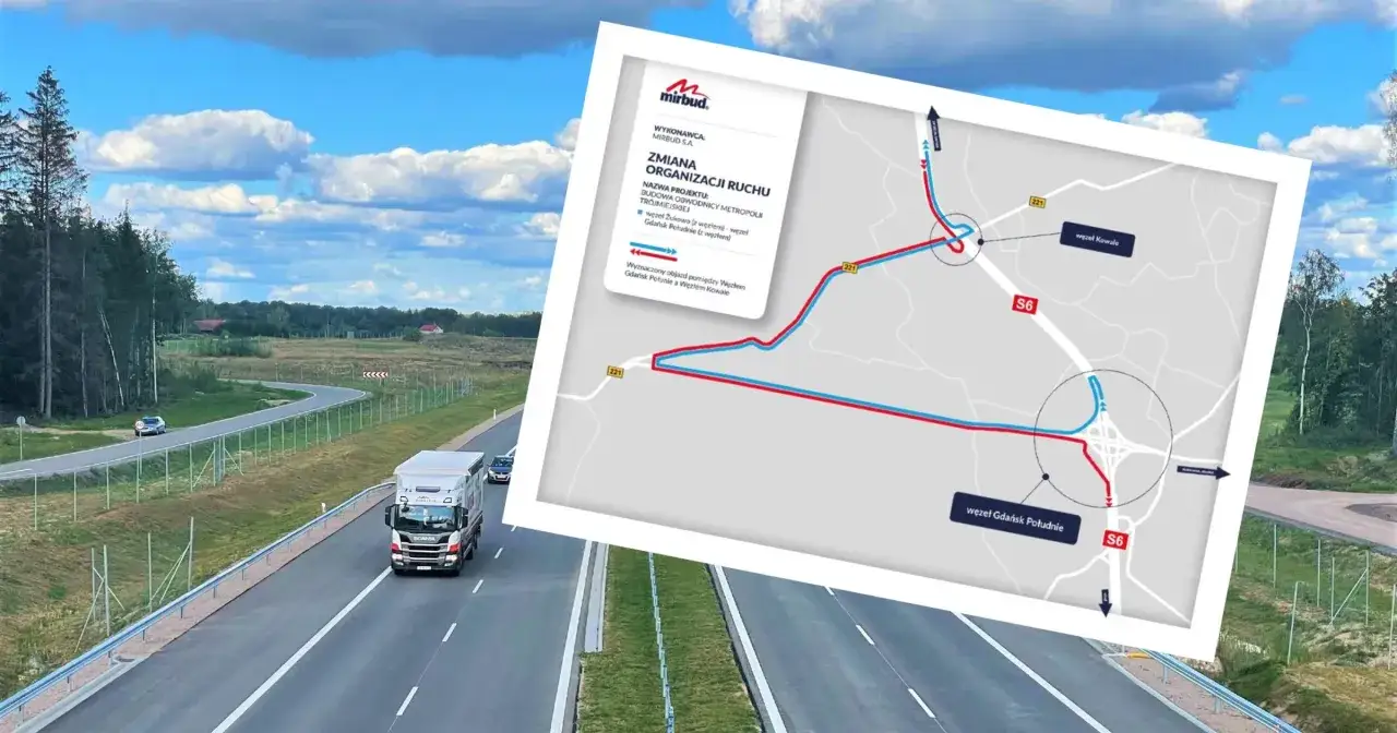 Utrudnienia na S6 dzisiaj. Mapa pokazuje objazd budowy obwodnicy metropolii trójmiejskiej. Ciężarówka i samochód jadą drogą.