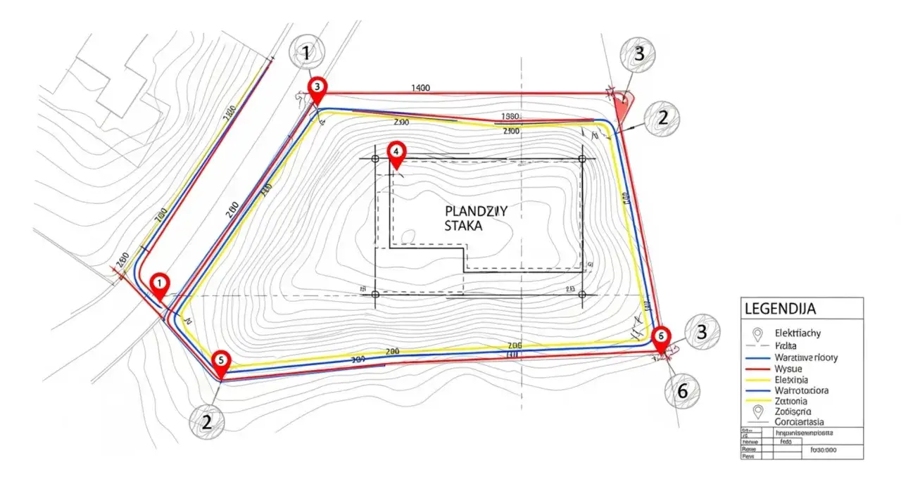 Mapa geodezyjna z zaznaczonymi granicami działki, punktami pomiarowymi i legendą.