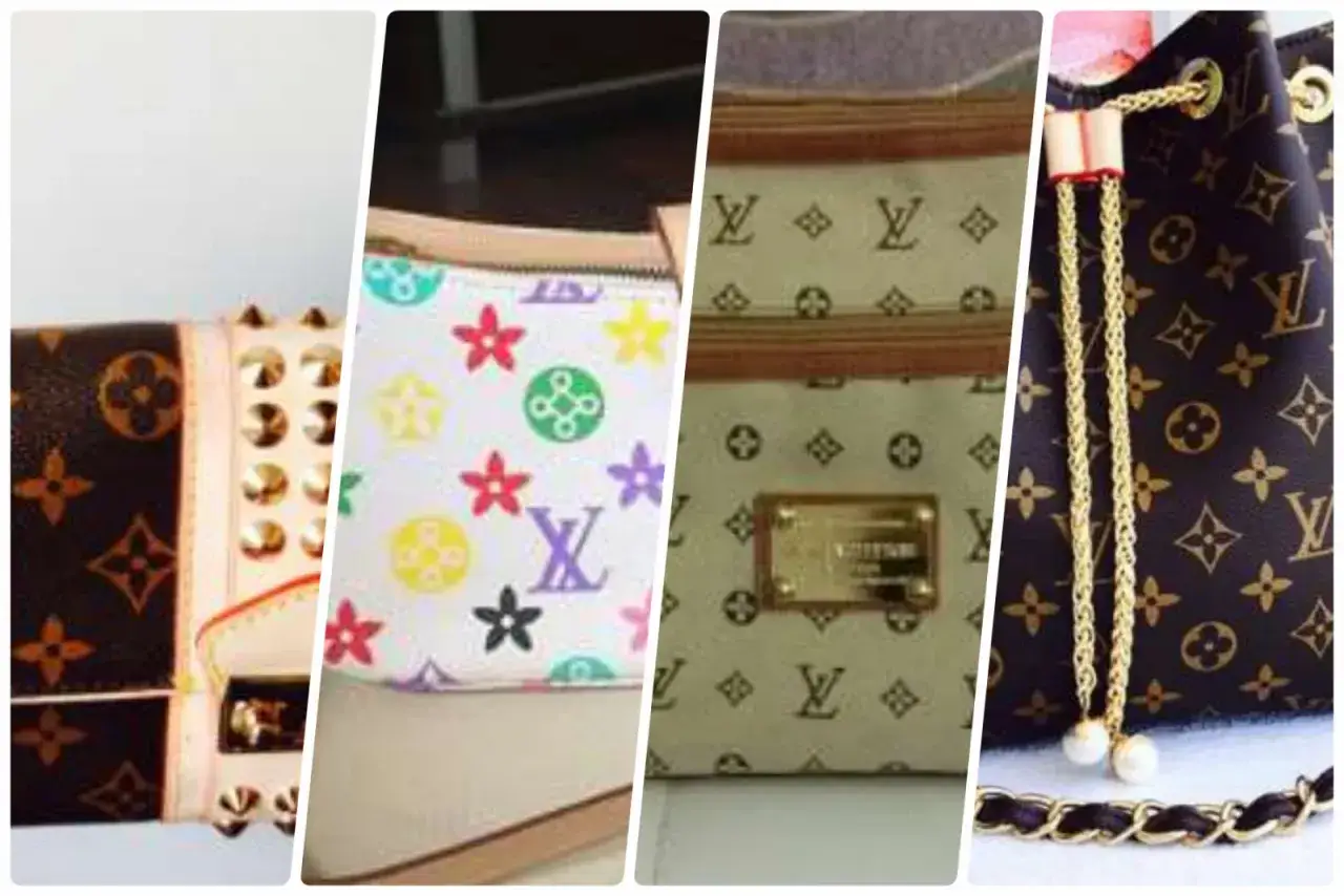 Cztery zbliżenia torebek Louis Vuitton: jedna z ćwiekami, druga kolorowa, trzecia z logo i blachą, czwarta ze złotym sznurkiem.