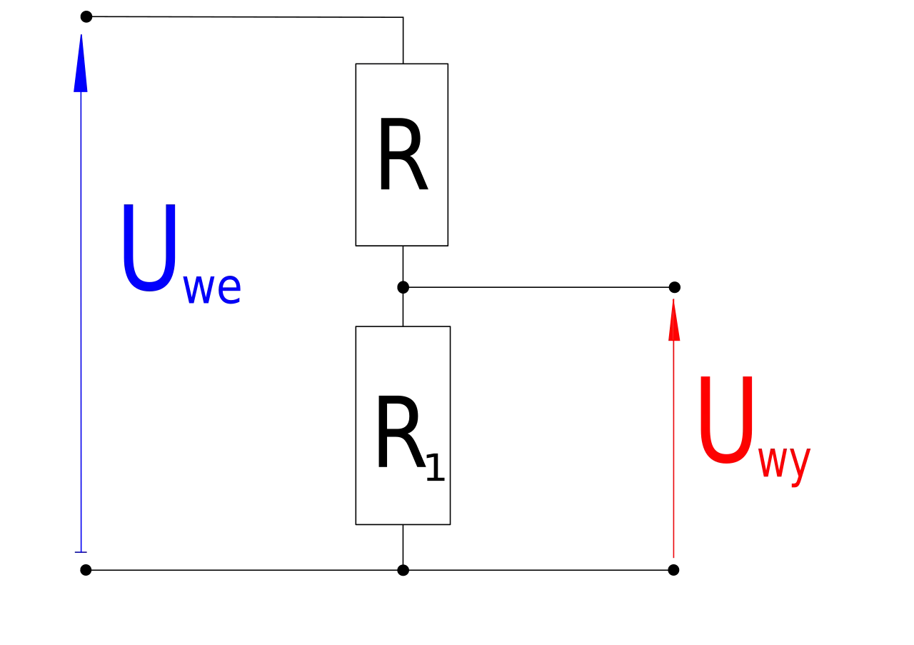 Schematyczny podział napięcia: Uwe (niebieskie) i Uwy (czerwone). Dzielnik napięcia wzór.