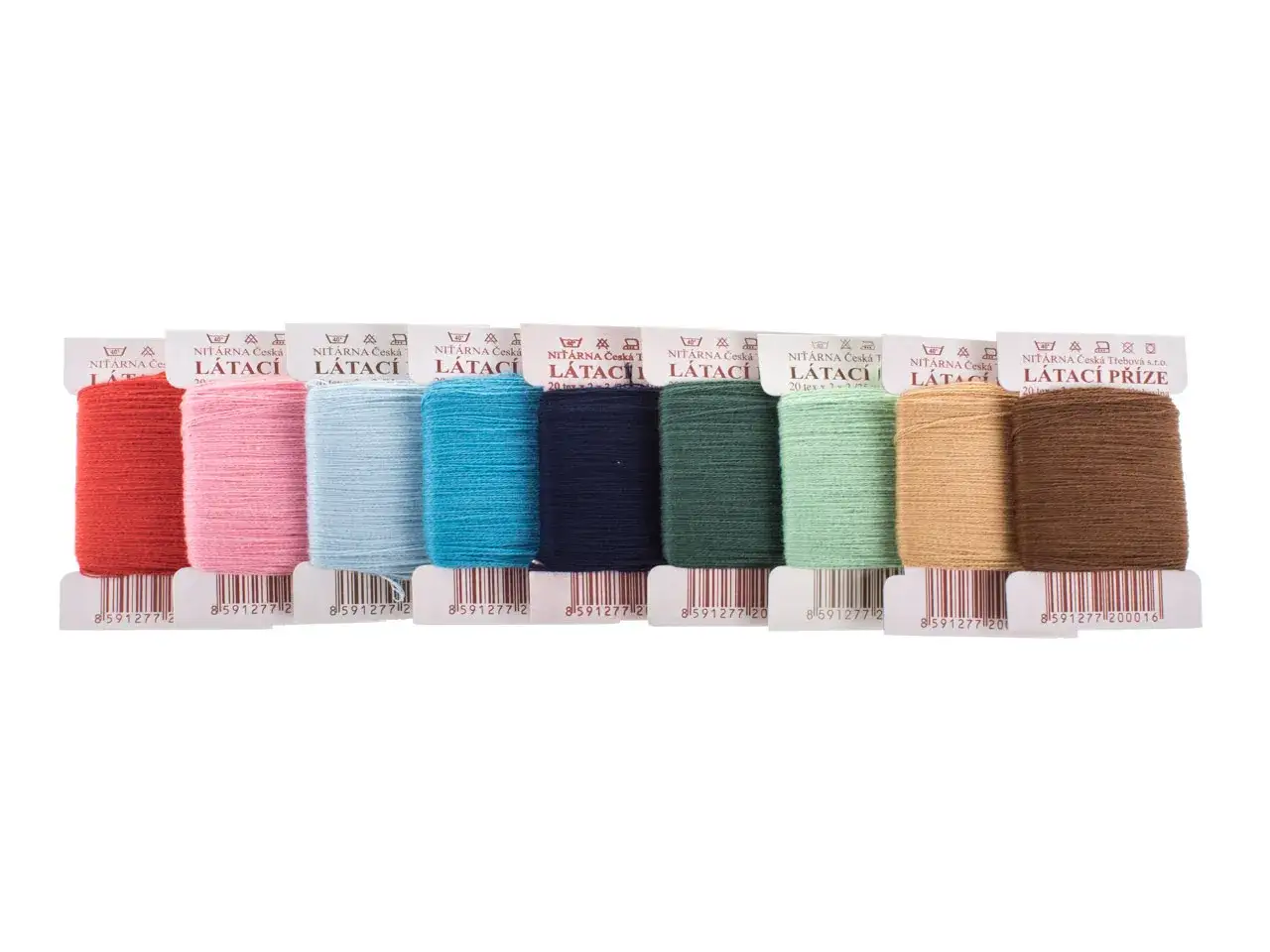 Kolorowe szpulki z rodzajem nici do cerowania skarpet. Od czerwonego, przez różowy, błękitny, turkusowy, granatowy, zielony, miętowy, beżowy, po brązowy.
