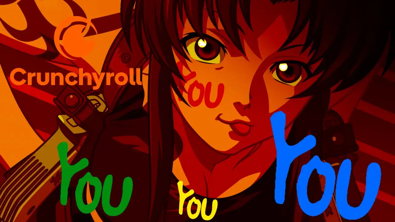 Anime-Figur mit Crunchyroll-Logo und bunten "you"-Schriftzügen.