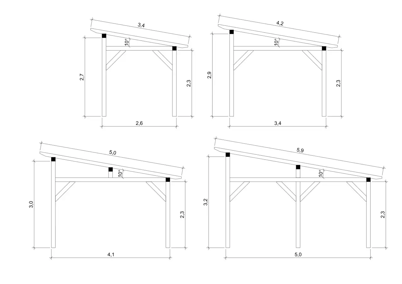 Rysunki techniczne prezentujące projekt wiaty garażowej z różnymi wymiarami i kątami nachylenia dachu.