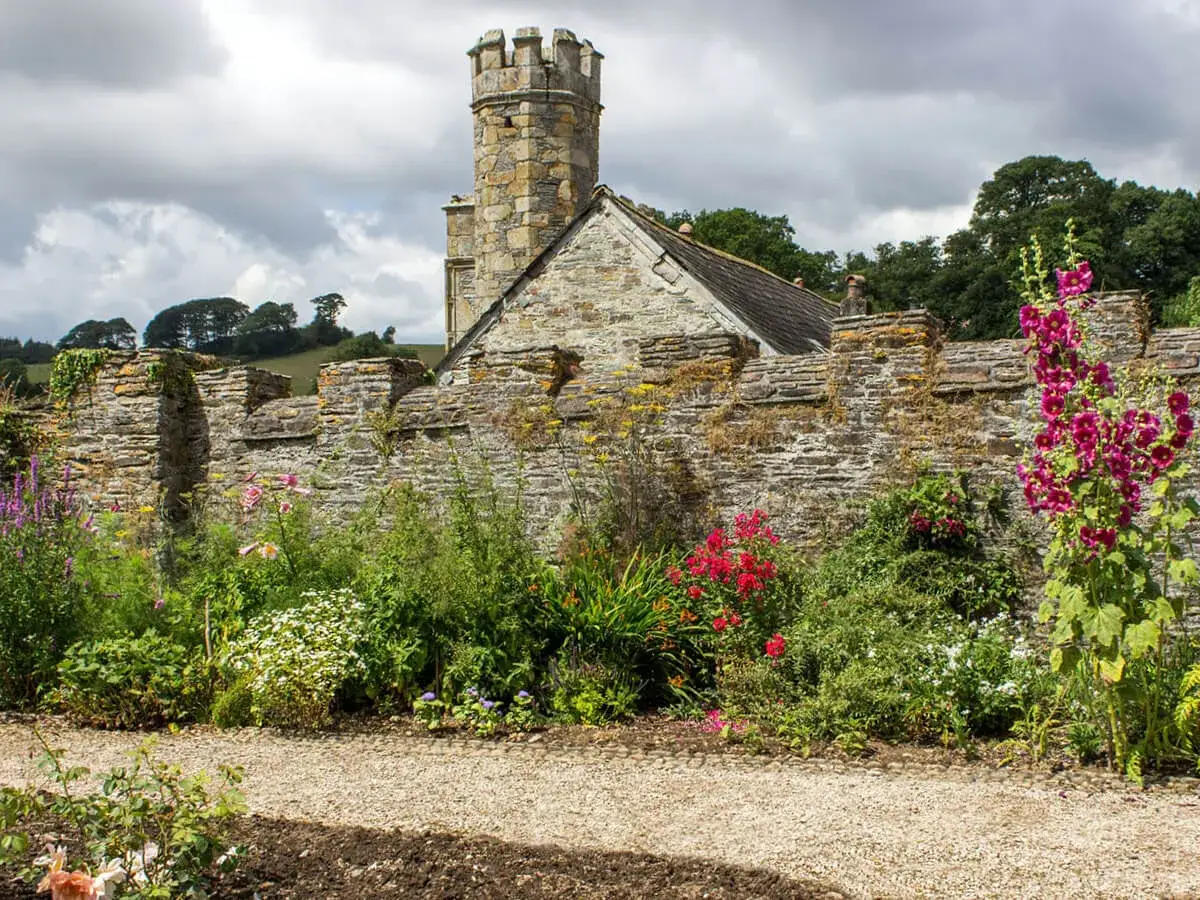 Kwiaty kwitną bujnie przy kamiennym murze, tworząc malowniczy ogród w stylu angielskim. W tle widać wieżę i zielone wzgórza.