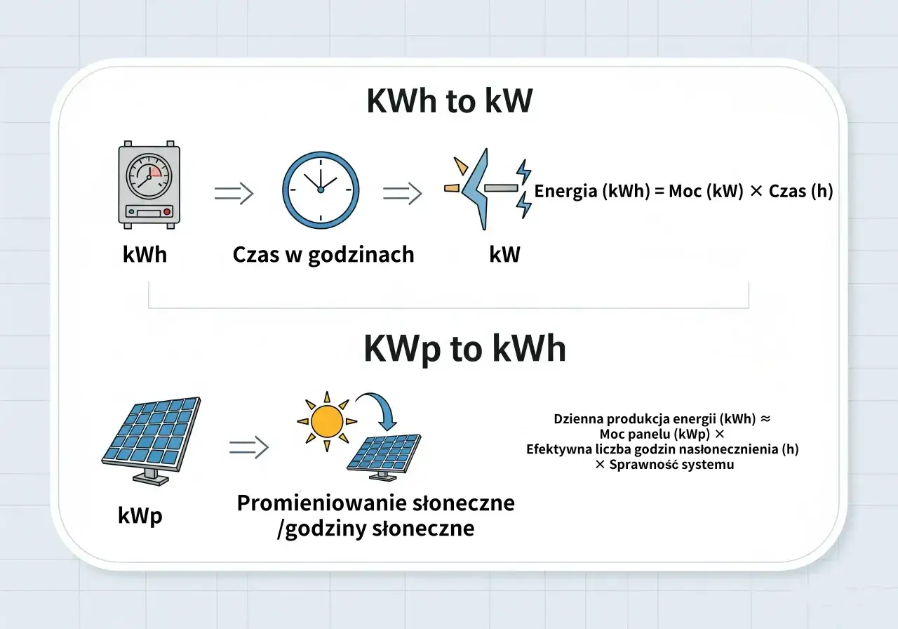 Schemat pokazuje, jak przeliczać jednostki energii: kWh na kW (Moc x Czas) i kWp na kWh (produkcja energii z paneli słonecznych).