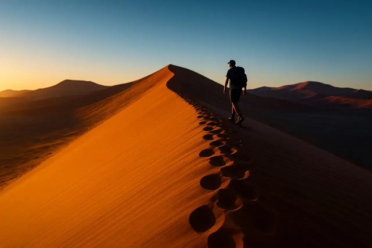 Samotny turysta wędruje po wydmach Namibii o zachodzie słońca. Czy Namibia jest bezpieczna? Tak, podróżowanie po pustyni jest bezpieczne, jeśli zachowasz ostrożność.