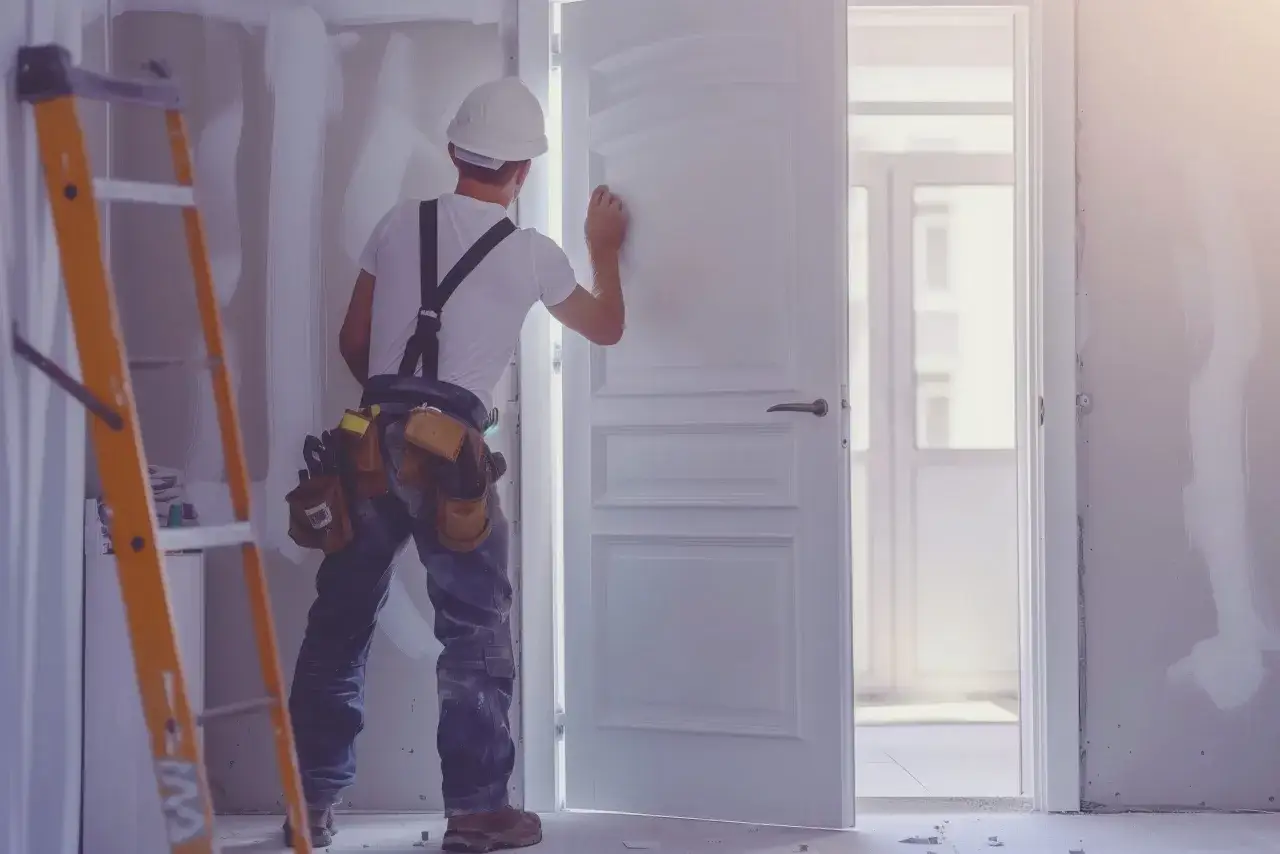 Budowlaniec w kasku montuje białe drzwi, obok stoi drabina. Zastanawiam się, ile pianki na jedne drzwi potrzeba do idealnego montażu.