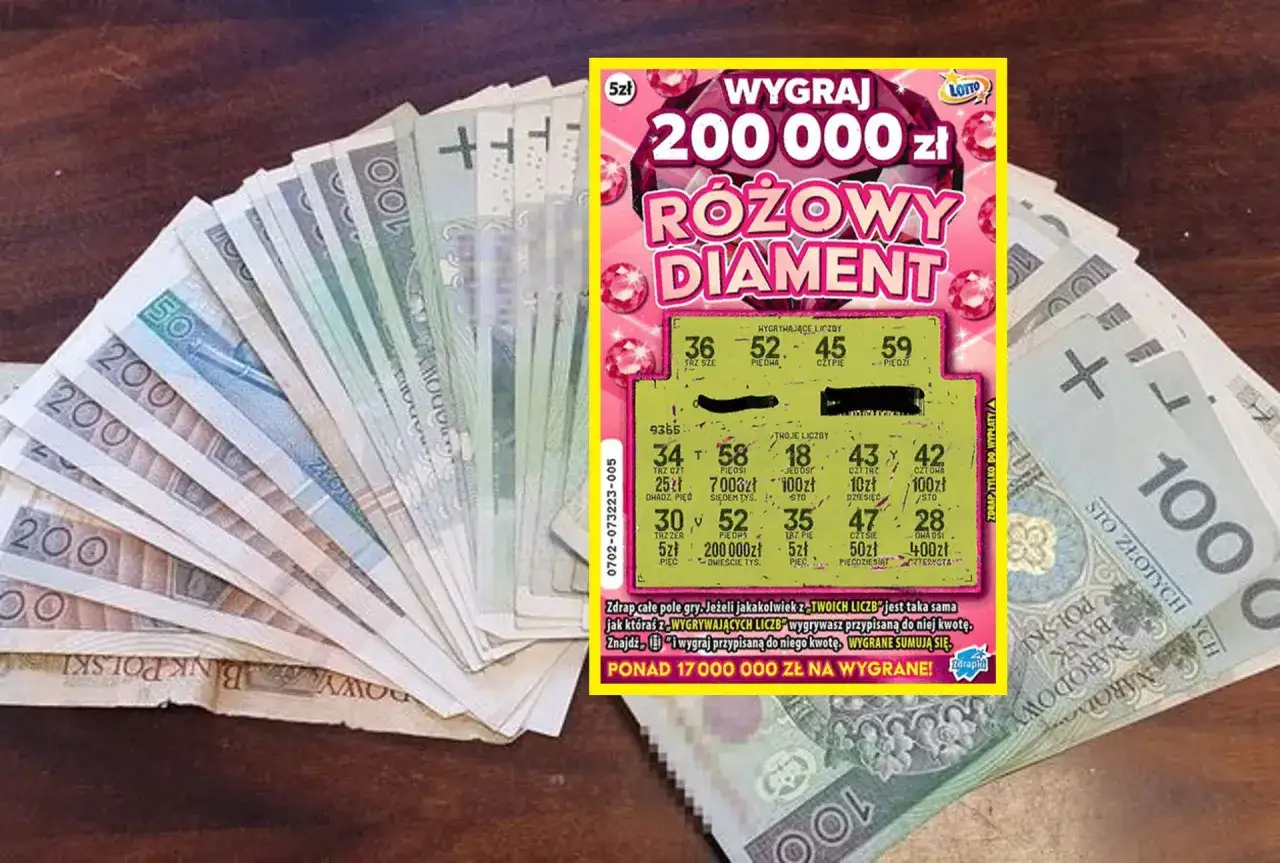 Zdrapka "Różowy Diament" z wygraną 200 000 zł na tle polskich banknotów.