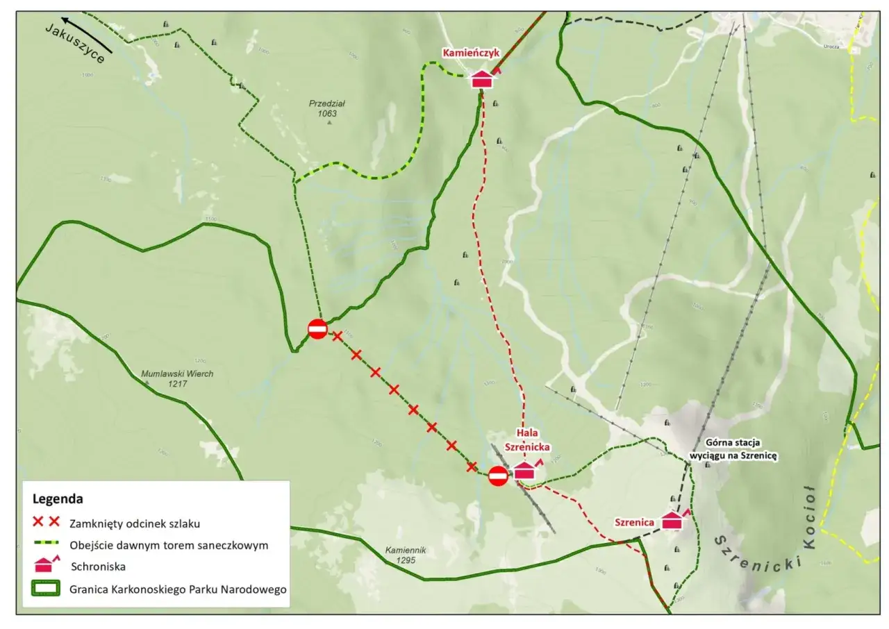Mapa Karkonoszy: czerwone linie oznaczają zamknięte szlaki, zielone obwodnice. Czy szlaki w Karkonoszach są otwarte? Sprawdź mapę!