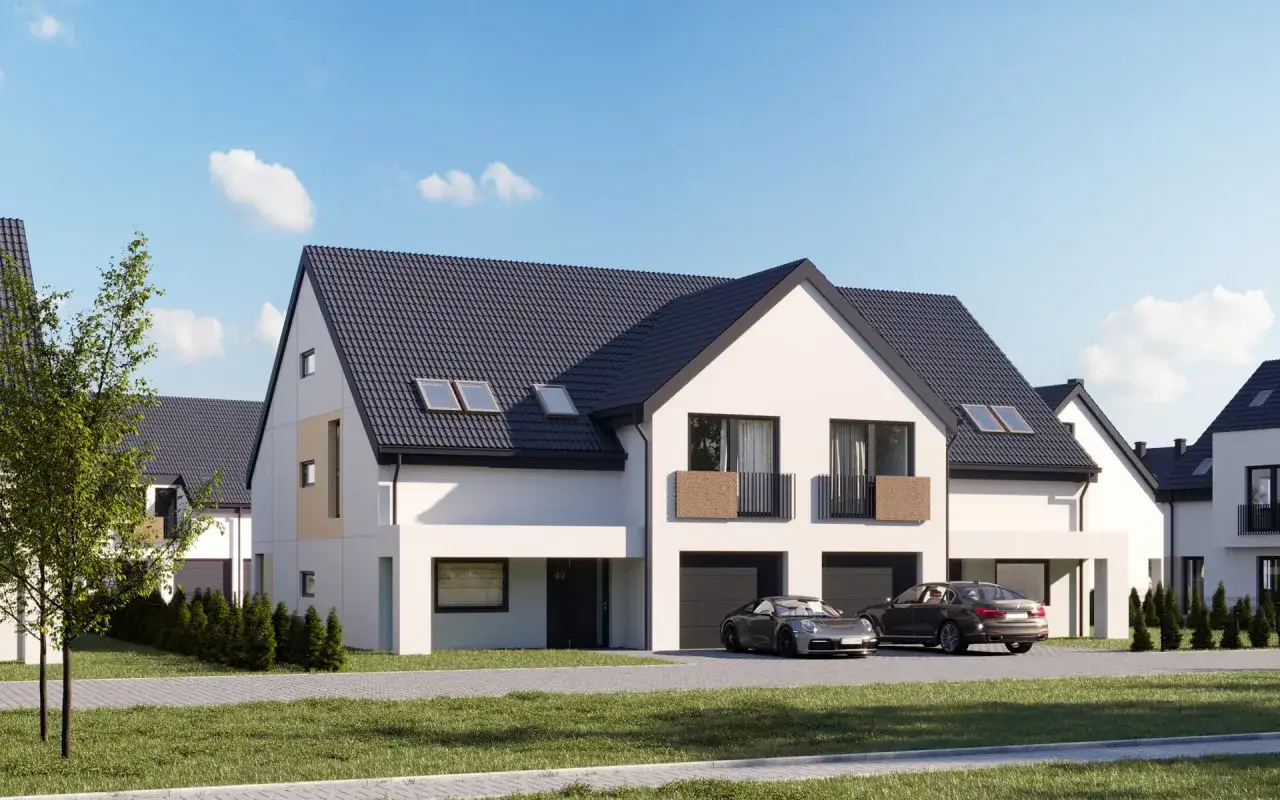Nowoczesne domy w zabudowie bliźniaczej z garażami i samochodami. Zastanawiasz się, ile kosztuje budowa bliźniaka?