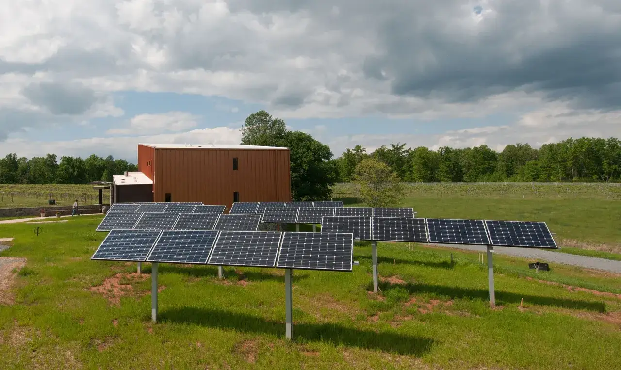 Panele fotowoltaiczne na zielonej łące przed brązowym budynkiem. W tle las i winnica. To przyszłość, gdy vat na fotowoltaikę jest opłacalny.