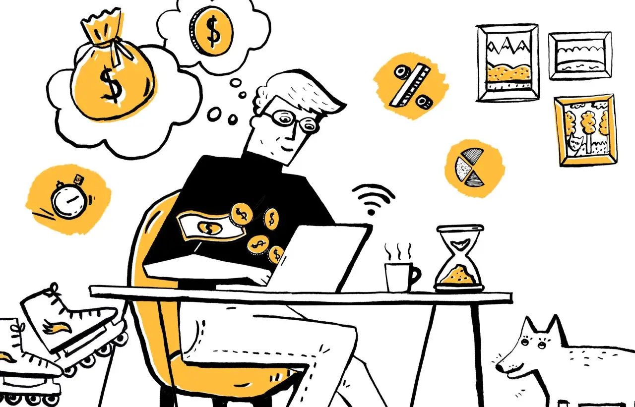 Mężczyzna przy laptopie myśli o pieniądzach, jak spłacić zaległe chwilówki. Obok klepsydra, pies i rolki.