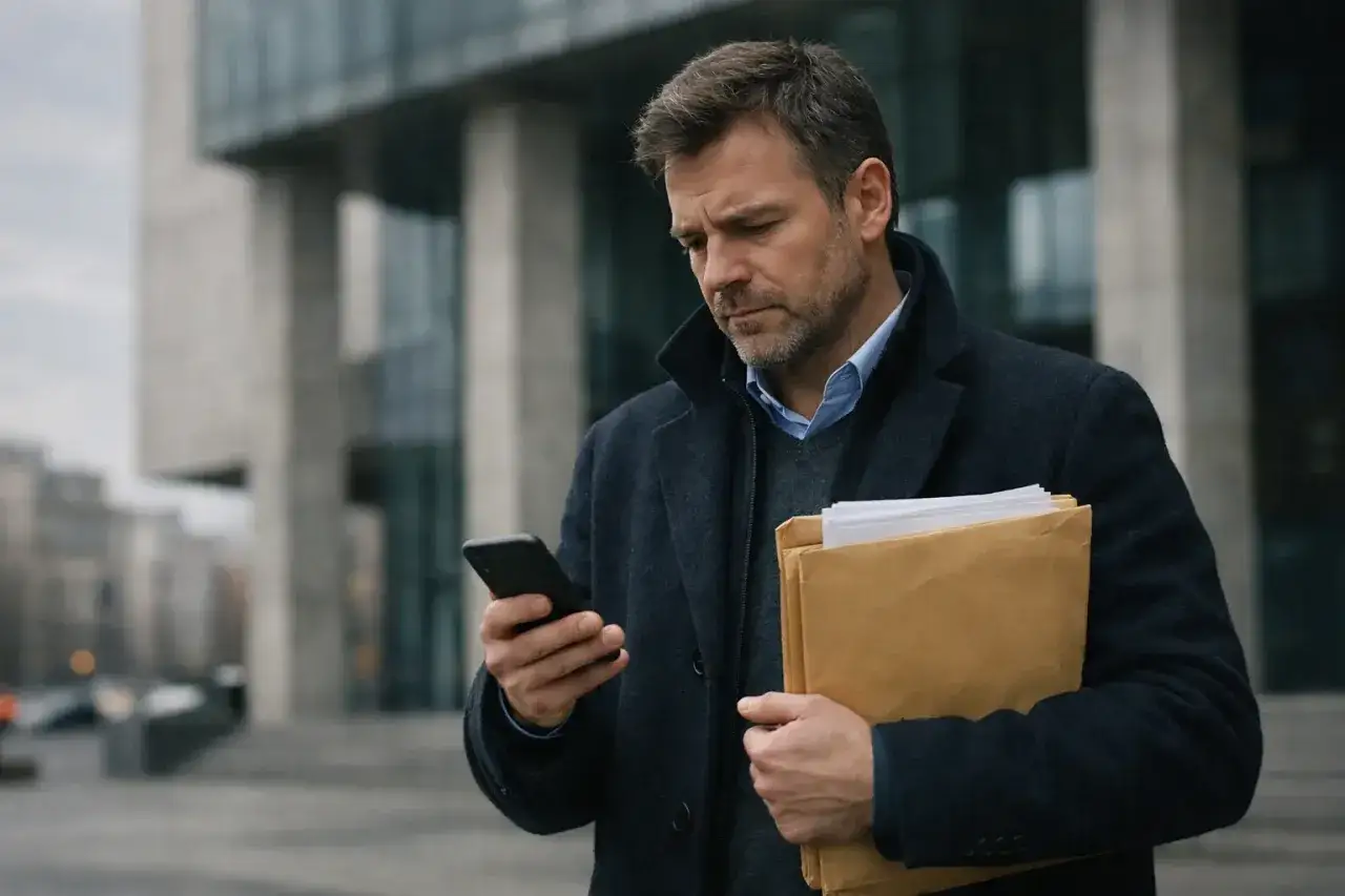 Mężczyzna w płaszczu trzyma teczkę i patrzy na telefon przed nowoczesnym budynkiem.