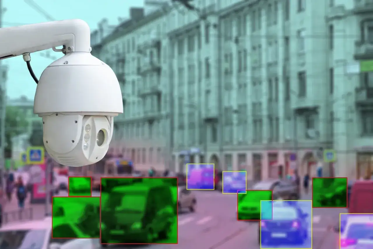 Rodzaje kamer na skrzyżowaniach: biała kamera PTZ nadzoruje ruch uliczny, z zaznaczonymi pojazdami i pieszymi.