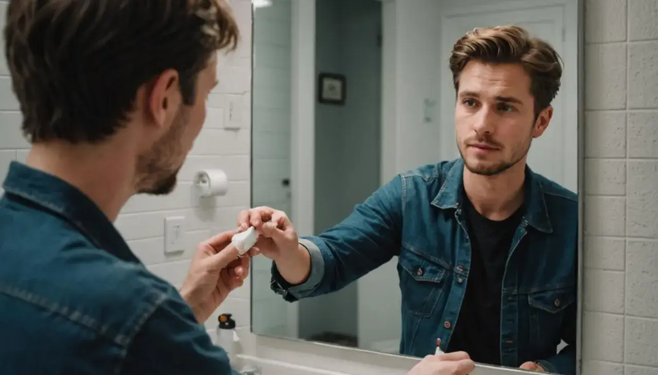 Mężczyzna w dżinsowej kurtce w łazience, patrząc w lustro, pokazuje jak usunąć klej z lustra za pomocą wacika.