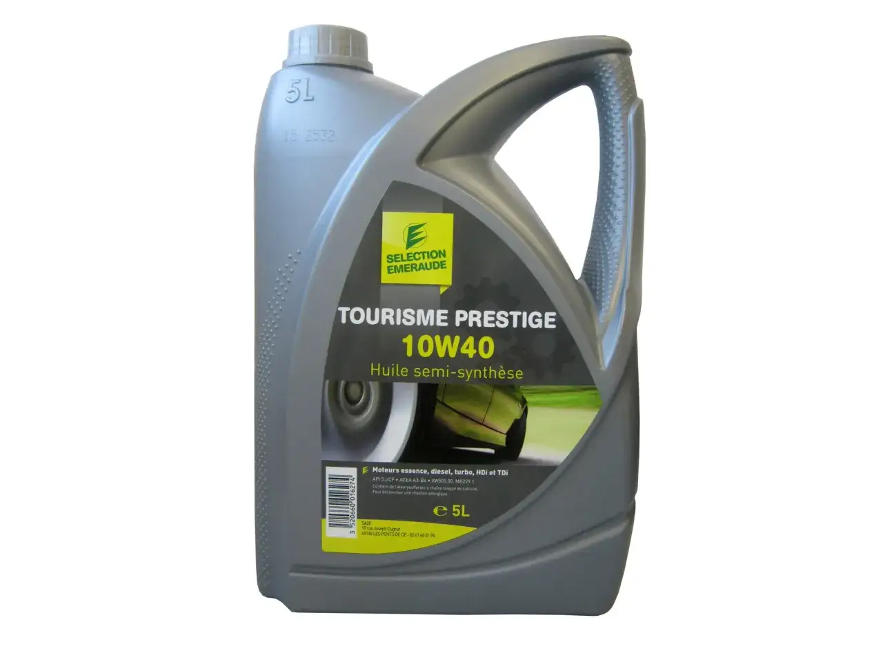 Bidon d'huile moteur 10W40 "Tourisme Prestige" de 5L, marque "Sélection Émeraude".