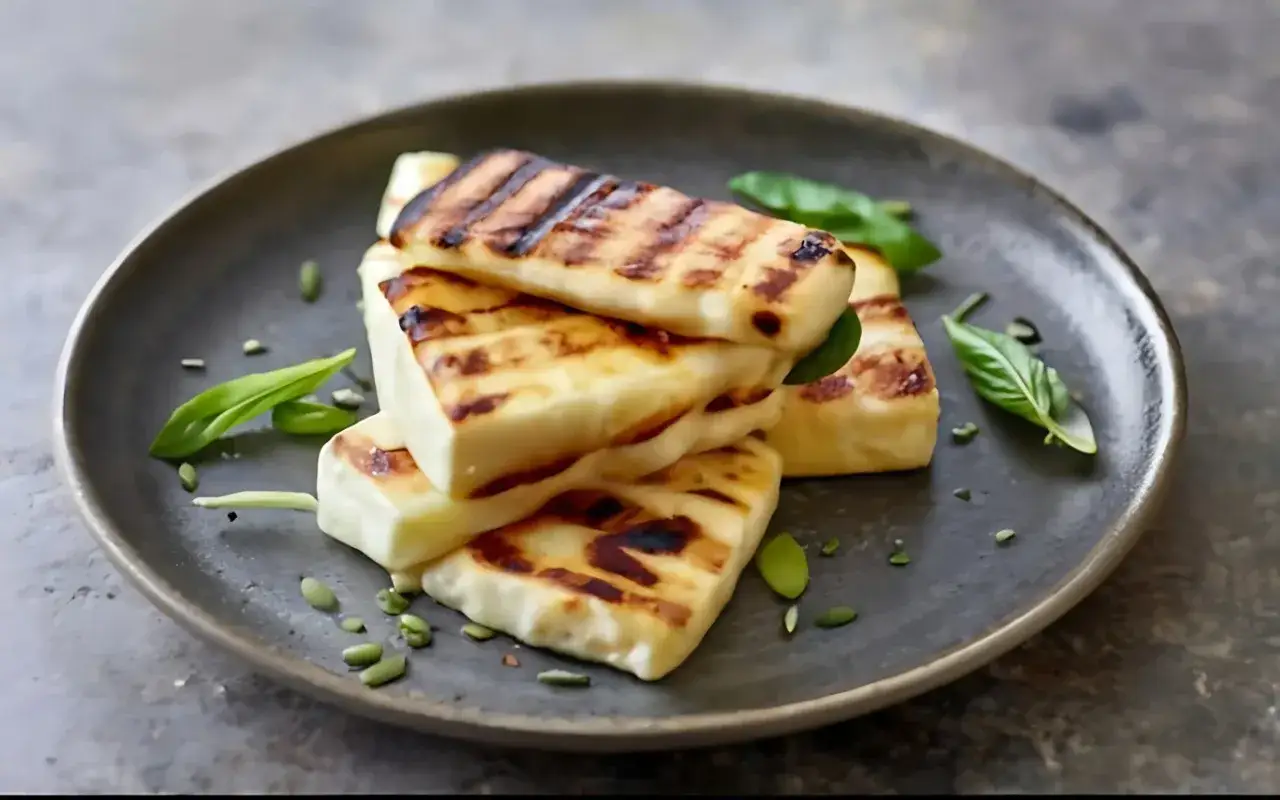 Grillowany ser halloumi ułożony na talerzu, ozdobiony listkami bazylii i pestkami.