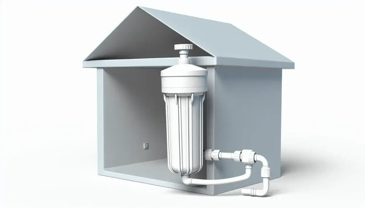 Schemat domu z zamontowanym filtrem wody i rurami.
