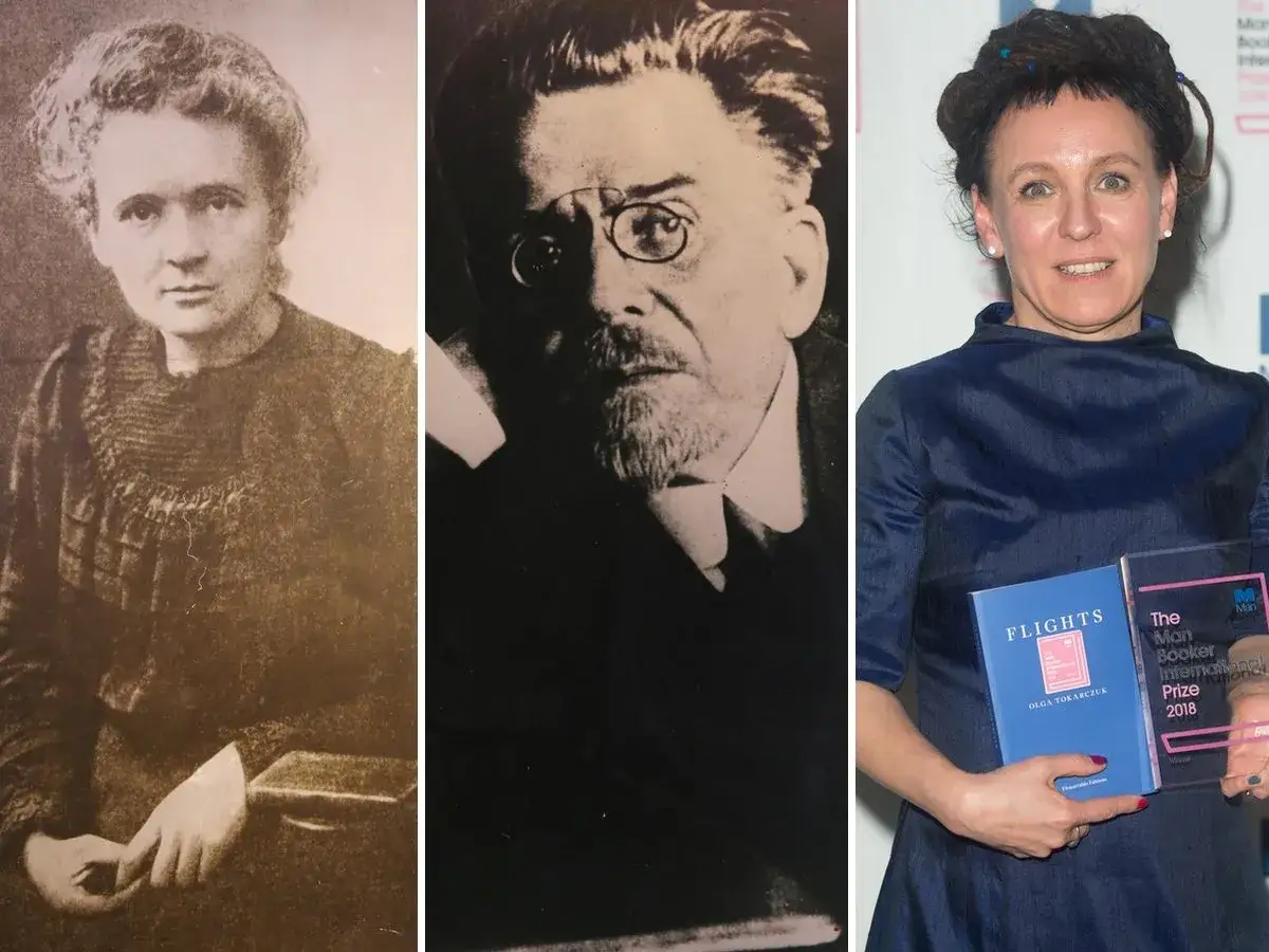 Trzy portrety: Maria Skłodowska-Curie, Henryk Sienkiewicz i Olga Tokarczuk z nagrodą.