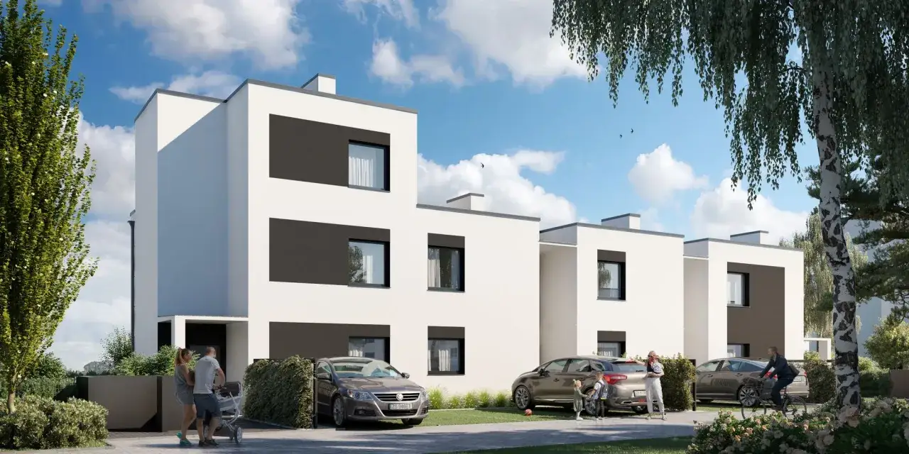 Nowoczesne domy z podjazdami i samochodami. Rodziny spacerują, jakby podpisywały umowa rezerwacyjna mieszkania wzór.