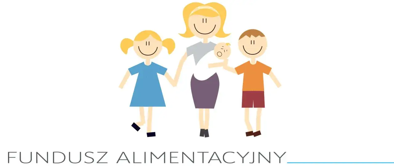 Ilustracja pokazuje rodzinę: matkę z dziećmi. Podpis "FUNDUSZ ALIMENTACYJNY" wyjaśnia, jak działa fundusz alimentacyjny, wspierając rodziny.