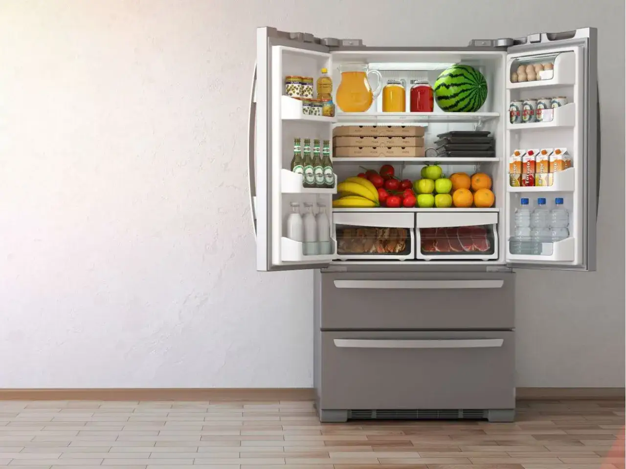 Pełne jedzenia pierwsze uruchomienie lodówki no frost: owoce, warzywa, mięso, napoje i jajka.