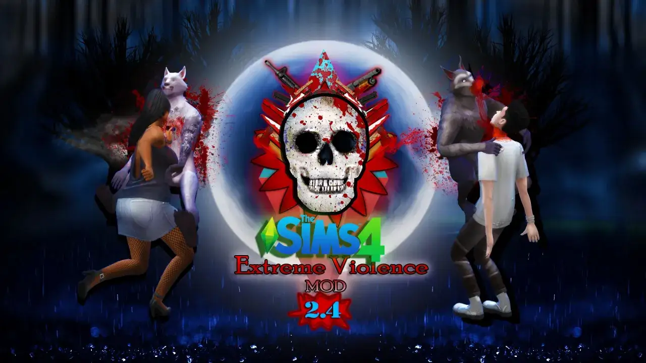 Grafika z gry The Sims 4 z motywem przemocy, czaszką i wilkołakami.
