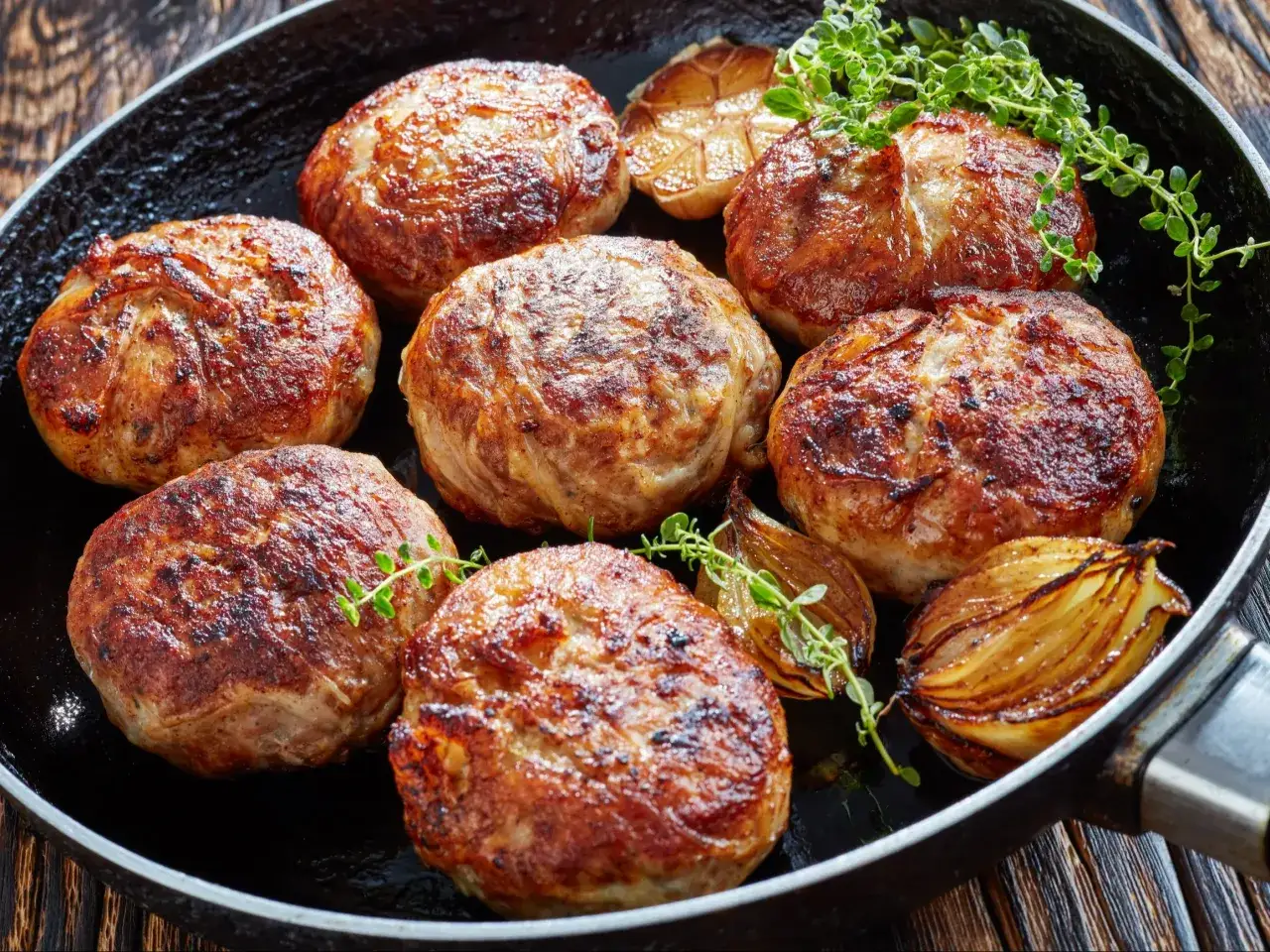 Usmażone kotlety na burgera z cebulą i ziołami na patelni.